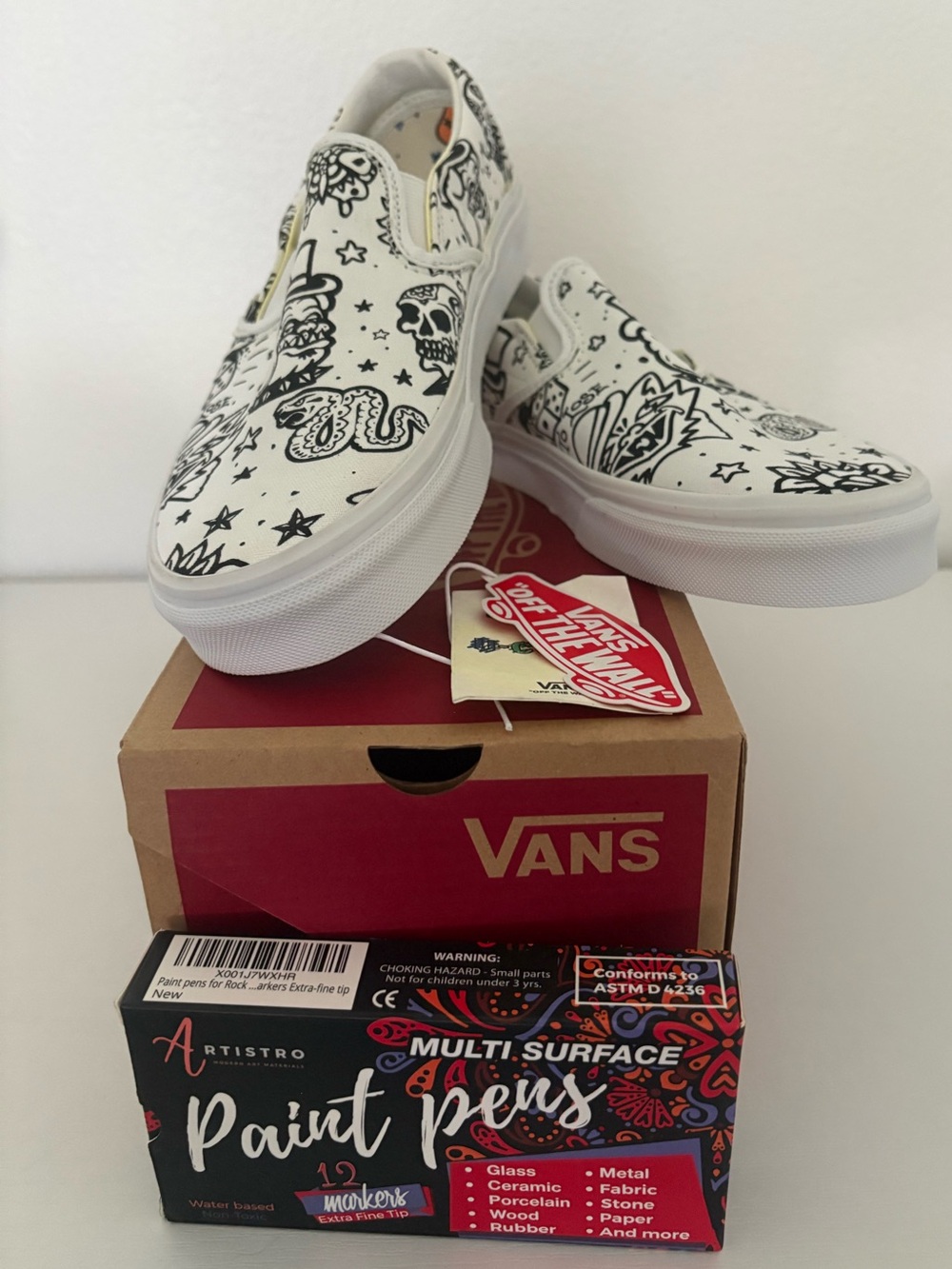 NWT- Vans White Slip-On Sneakers with Tattoo-Style Graphics-with Markers - Picture 4 of 13